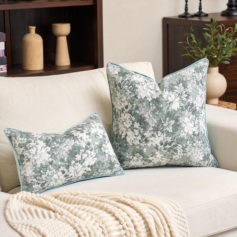 Alerfa Light Blue Neutral Floral Pillow Cover 18 x 18 Inch, Vintage Chenille Square Couch Pillow Cover Soft Decorative Farmhouse Accent Pillowcase for Living Room Bedroom - Image 4