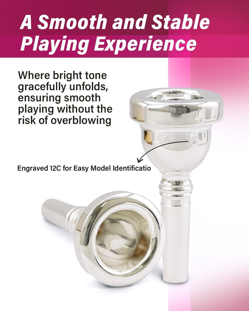 Libretto 12C Trombone Mouthpiece, 2μm Silver Plated w/Vacuum Packing, Fits Small Bore Trombone, Alto Trombone & Baritone, Ideal for Beginner, Student, Jazz Player - Image 4