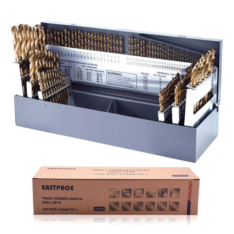 EASTPACE 115Pcs M35 Cobalt Drill Bit Set, Twist Jobber Drill Bit Kit for Stainless Steel, Hard Metal and Wood Plastic with Indexed Metal Case (A-Z, 1-60,1/16 Inch-1/2 Inch) - Image 1