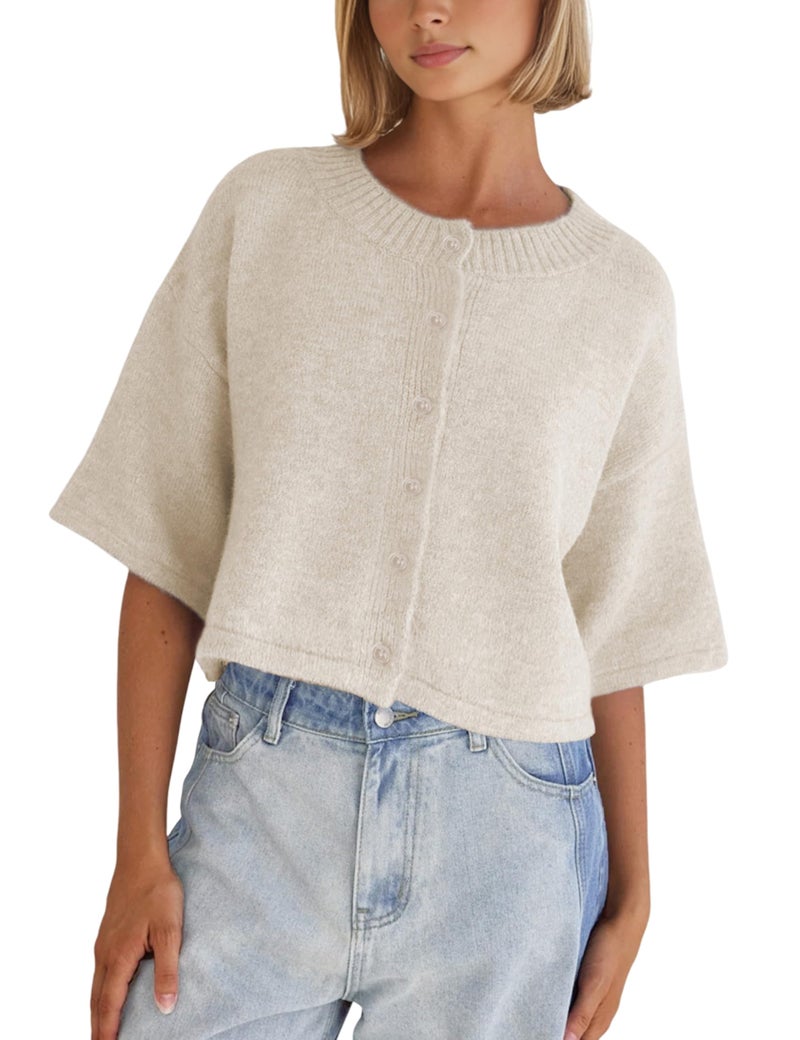 Springrain Cardigan Sweaters for Women Lightweight Knit Cropped Cardigan Button Up Solid Knitwear(Beige-L) - Image 1