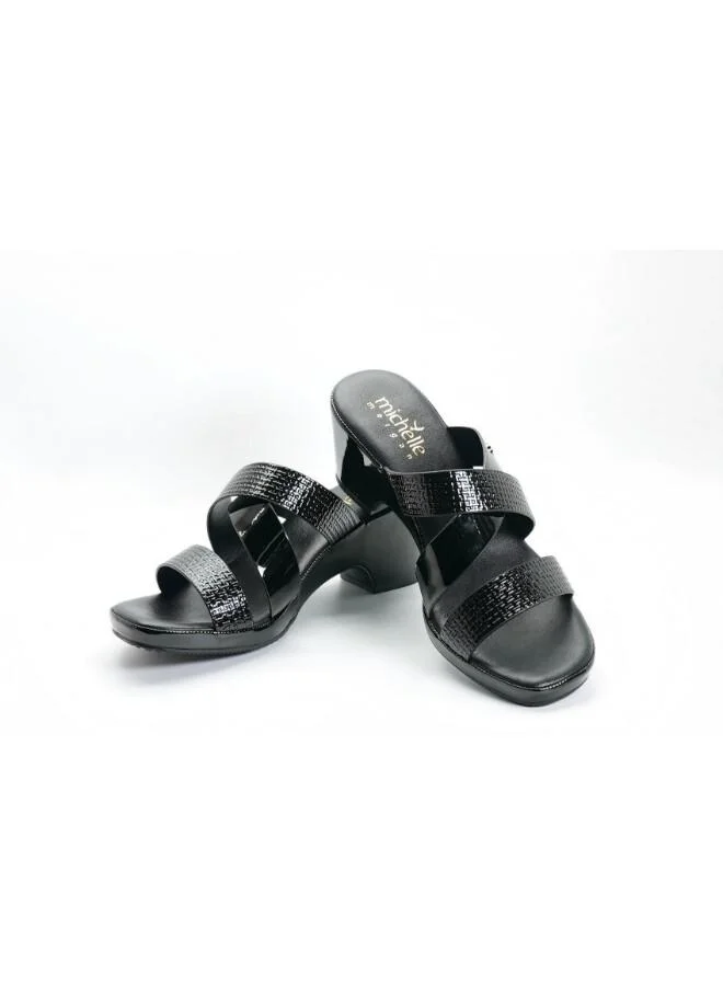 ميشيل مورجان 092-3068 Michelle Morgan Women's Textured Multi-Strap Block Heel Sandals 114RJ217 Black