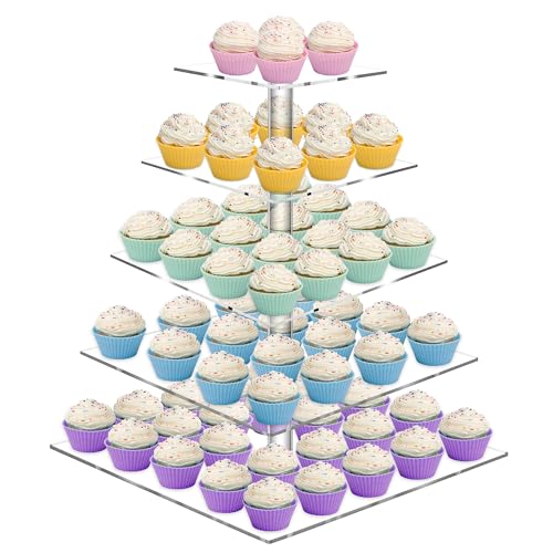 Weddingwish 5 Tier Acrylic Cupcake Stand, Clear Cupcake Tower Stand for 50 Cupcakes, Dessert Display Stand for Wedding Birthday - Image 1