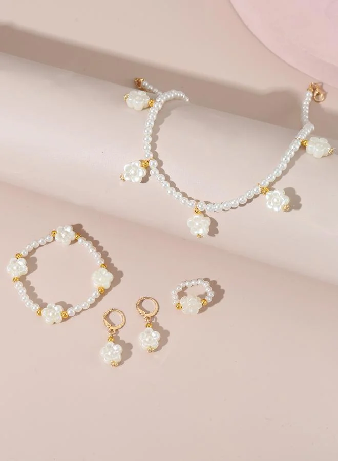 Take Two  Girls White Flower Charm Pearl Necklace, Bracelet, Ring and Earrings Set for Women | Best Price UAE