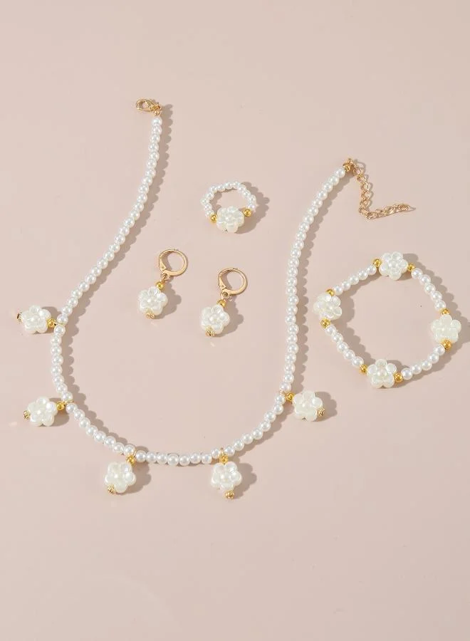 Take Two  Girls White Flower Charm Pearl Necklace, Bracelet, Ring and Earrings Set for Women | Best Price UAE