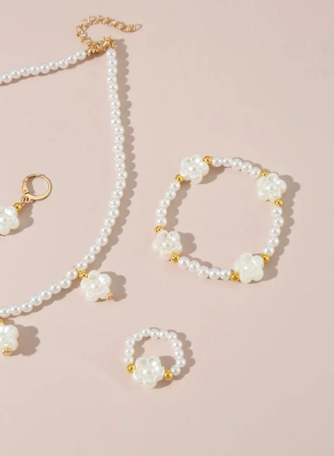 Take Two  Girls White Flower Charm Pearl Necklace, Bracelet, Ring and Earrings Set for Women | Best Price UAE
