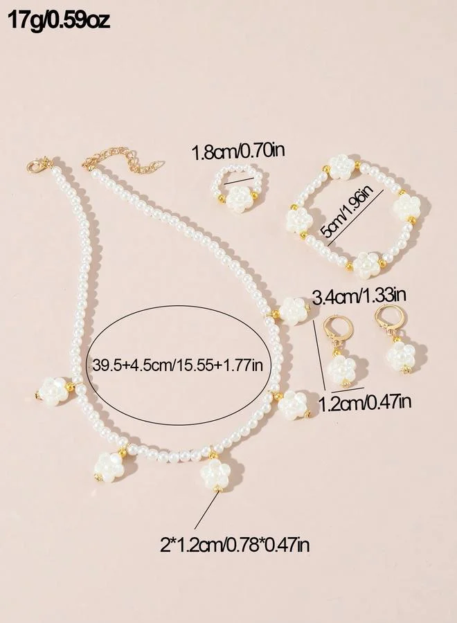Take Two  Girls White Flower Charm Pearl Necklace, Bracelet, Ring and Earrings Set for Women | Best Price UAE