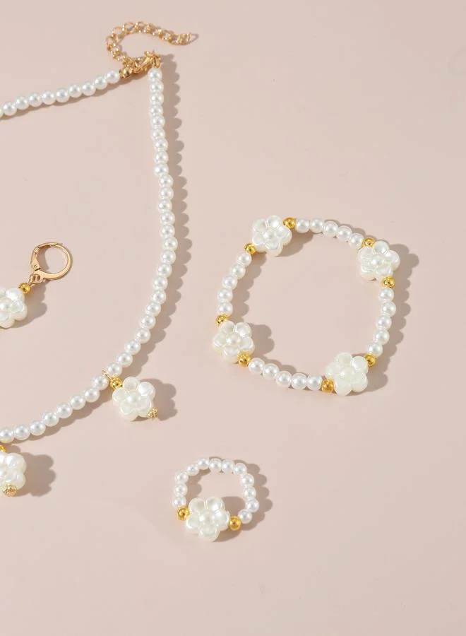 Take Two  Girls White Flower Charm Pearl Necklace, Bracelet, Ring and Earrings Set for Women | Best Price UAE