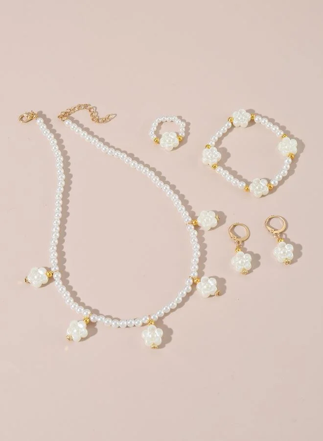 Take Two  Girls White Flower Charm Pearl Necklace, Bracelet, Ring and Earrings Set for Women | Best Price UAE