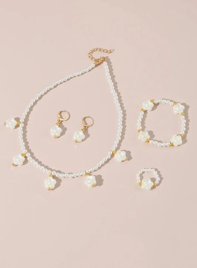 Take Two  Girls White Flower Charm Pearl Necklace, Bracelet, Ring and Earrings Set for Women | Best Price UAE