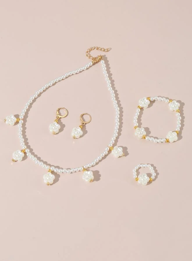 Girls White Flower Charm Pearl Necklace, Bracelet, Ring and Earrings Set