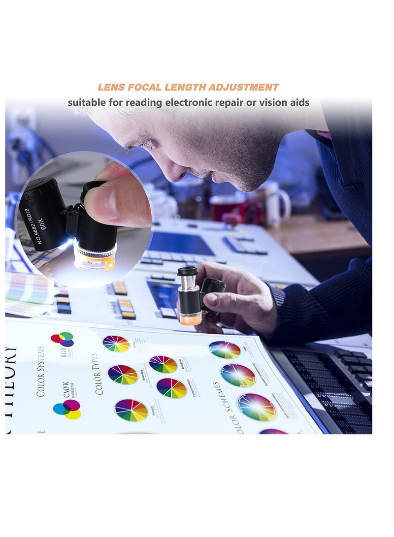 60X Mini Pocket Microscope, 2 Pcs Jewelry Microscope Mini Portable Pocket Magnifying Glass, Handheld Jewelers Eye Loupe with 3 Light, for Handcrafts Jewelry Diamond Gem Coins Currency - Image 4