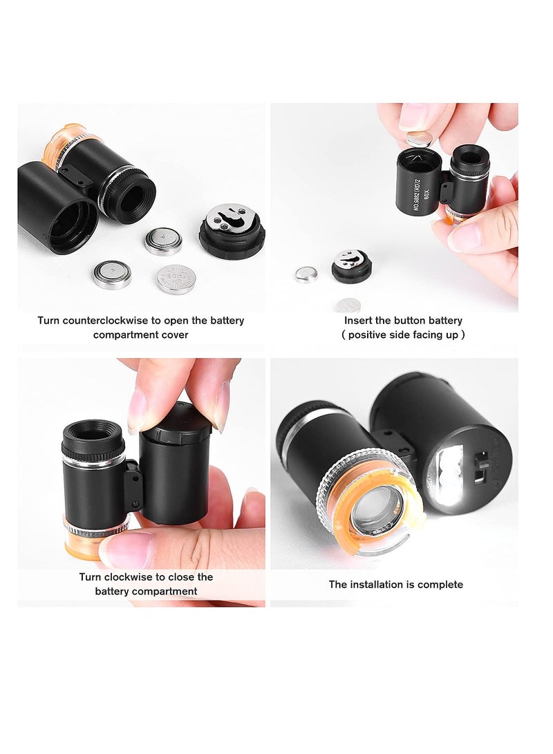 60X Mini Pocket Microscope, 2 Pcs Jewelry Microscope Mini Portable Pocket Magnifying Glass, Handheld Jewelers Eye Loupe with 3 Light, for Handcrafts Jewelry Diamond Gem Coins Currency - Image 2