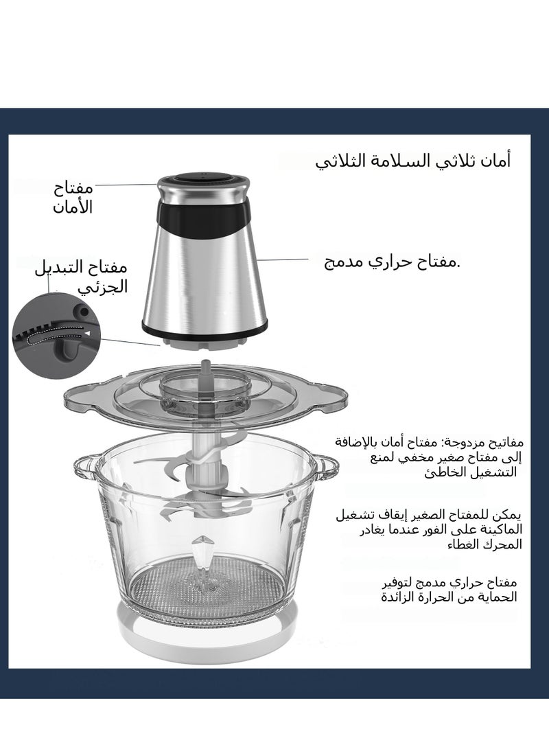 نيوب محضرة طعام كهربائية، مفرمة لحوم بقدرة 500 واط، مفرمة طعام صغيرة مع وعاء زجاجي سعة 2.2 لتر ووعاء من الفولاذ المقاوم للصدأ سعة 1.2 لتر، 2 وضع للسرعة، 4 شفرات ثنائية المستوى، مناسبة للبصل واللحوم والمكسرات والفواكه والثوم والخضروات وأغذية الأطفال ومكعبات الثلج  - Image 3