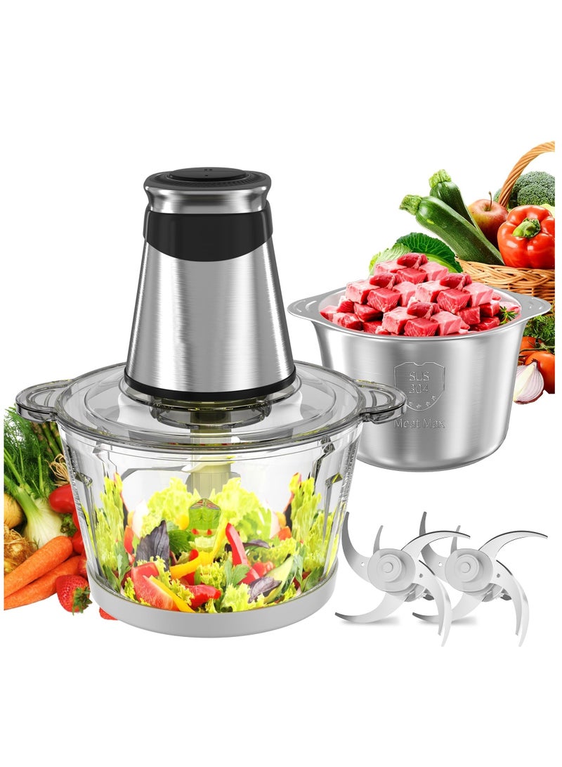 نيوب محضرة طعام كهربائية، مفرمة لحوم بقدرة 500 واط، مفرمة طعام صغيرة مع وعاء زجاجي سعة 2.2 لتر ووعاء من الفولاذ المقاوم للصدأ سعة 1.2 لتر، 2 وضع للسرعة، 4 شفرات ثنائية المستوى، مناسبة للبصل واللحوم والمكسرات والفواكه والثوم والخضروات وأغذية الأطفال ومكعبات الثلج - Image 2