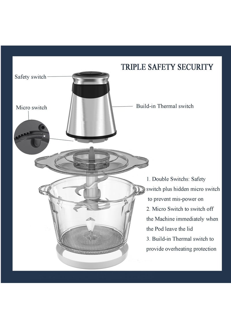 نيوب محضرة طعام كهربائية، مفرمة لحوم بقدرة 500 واط، مفرمة طعام صغيرة مع وعاء زجاجي سعة 2.2 لتر ووعاء من الفولاذ المقاوم للصدأ سعة 1.2 لتر، 2 وضع للسرعة، 4 شفرات ثنائية المستوى، مناسبة للبصل واللحوم والمكسرات والفواكه والثوم والخضروات وأغذية الأطفال ومكعبات الثلج - Image 4