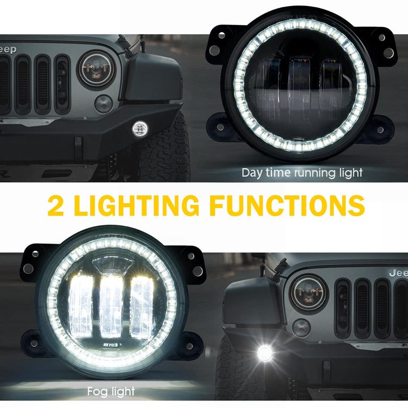 Xprite أضواء ضباب LED بحجم 4 إنش من Xprite مع حلقة هالة بيضاء وعين زاوية DRL، 60 واط أضواء ضباب أمامية فائقة السطوع قابلة للتوصيل والتشغيل متوافقة مع جيب رانجلر أنlimited JK من 2007-2018، معتمدة من DOT - Image 2