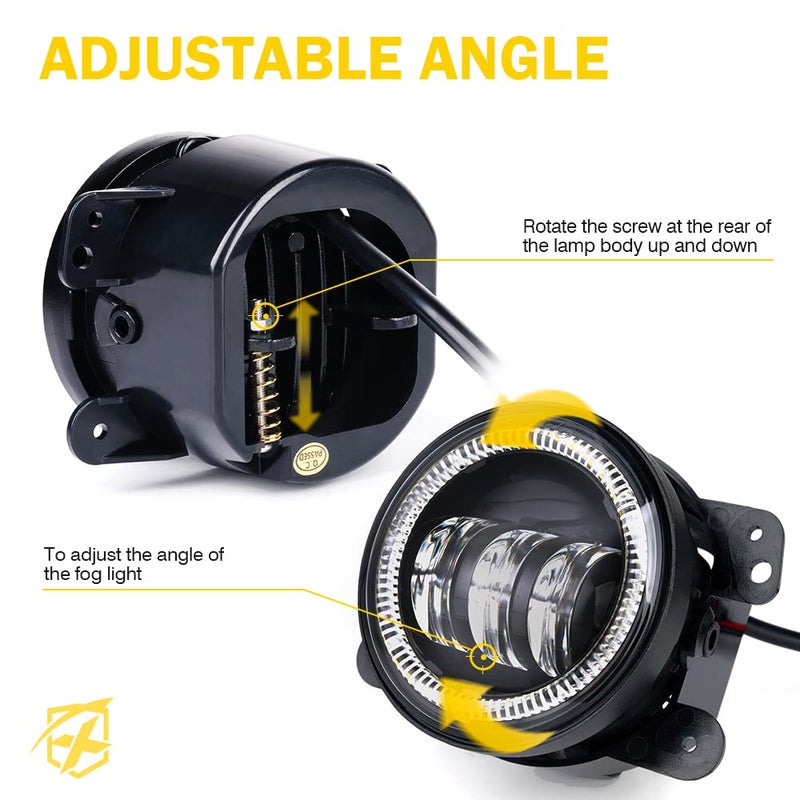 Xprite أضواء ضباب LED بحجم 4 إنش من Xprite مع حلقة هالة بيضاء وعين زاوية DRL، 60 واط أضواء ضباب أمامية فائقة السطوع قابلة للتوصيل والتشغيل متوافقة مع جيب رانجلر أنlimited JK من 2007-2018، معتمدة من DOT - Image 5