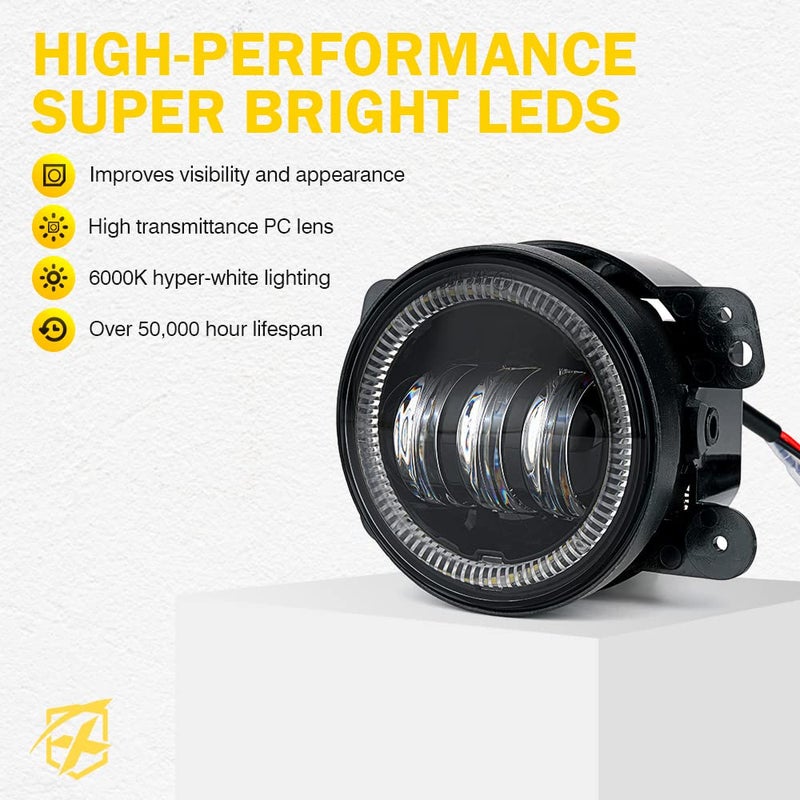 Xprite أضواء ضباب LED بحجم 4 إنش من Xprite مع حلقة هالة بيضاء وعين زاوية DRL، 60 واط أضواء ضباب أمامية فائقة السطوع قابلة للتوصيل والتشغيل متوافقة مع جيب رانجلر أنlimited JK من 2007-2018، معتمدة من DOT - Image 4