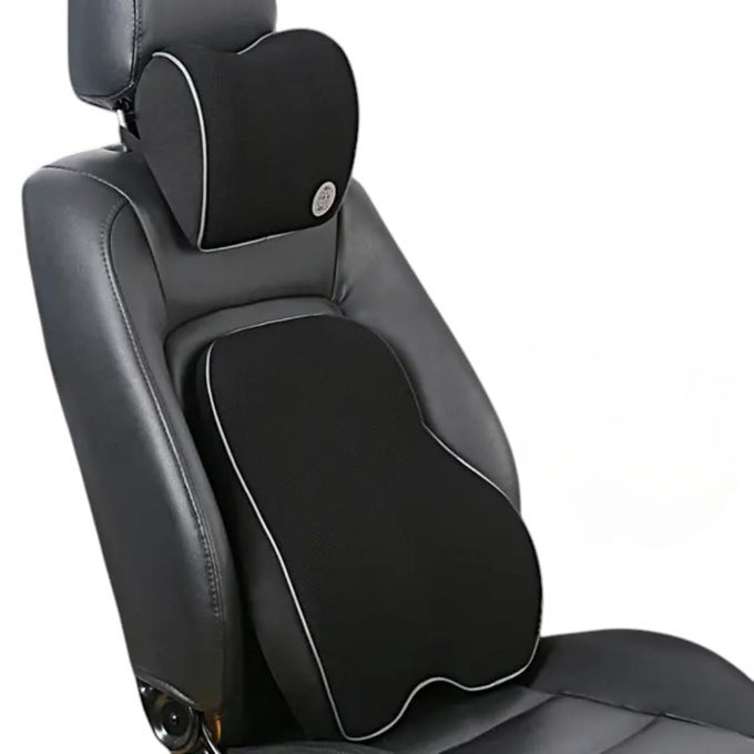 LUMBAR SUPPORT AND NECK PILLOW FOR OFFICE CHAIRCAR PREMIUM MEMORY FOAM BACK SUPPORT AND HEADREST COMFORTABLE ERGONOMIC DESIGN SUITABLE FOR BACK PAIN RELIEF IMPROVES POSTURE COMBO KIT BLACK