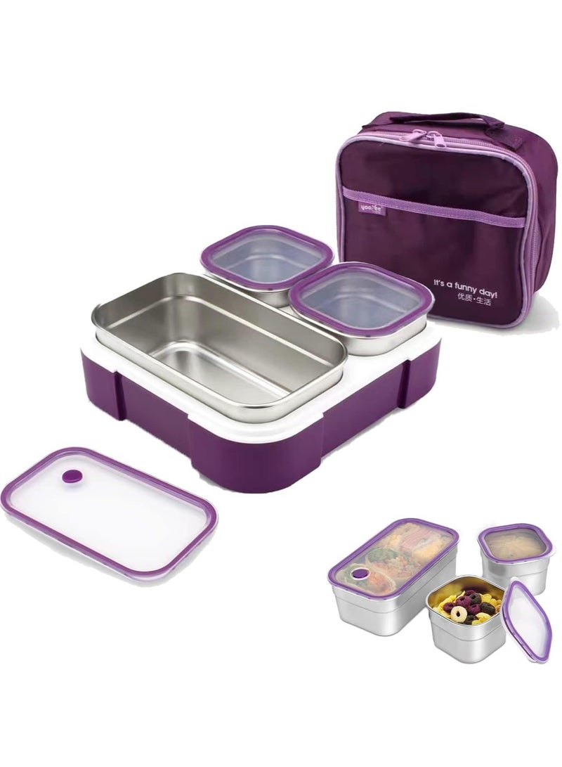 Kids School Stainless Steel Lunch Box Insulated Bento Lunch Box with Storage Bag 3 Compartments Divided Lunch Container with Lid  (Purple 720ML) - Image 1
