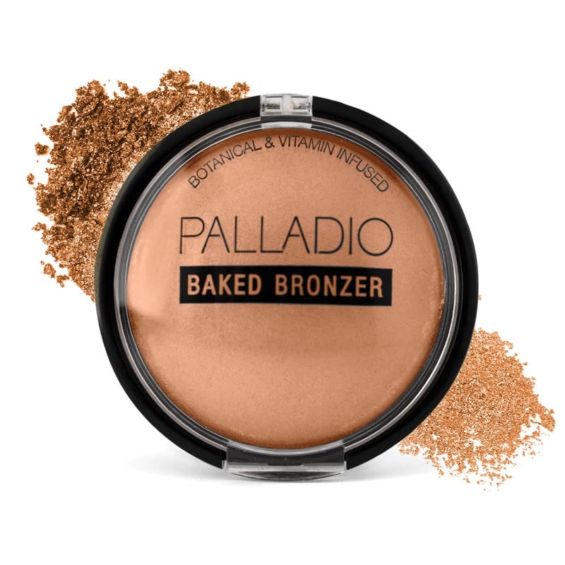 Palladio Baked Bronzer Highly Pigmented and Easy to Blend Shimmery Bronzed Glow Use Dry or Wet Lasts all day long Provides Rich Tanning Color Finish Powder Compact Pacific Tan