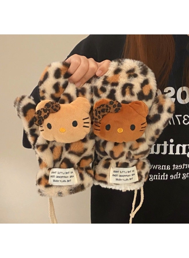 HelloKitty Plush Gloves Hello Kitty Leopard Full Finger Gloves Hanging Neck Women's Winter Cute Scarf Warm Scarf-Color:Light Leopard Print Gloves-one Size Fits All - Image 1