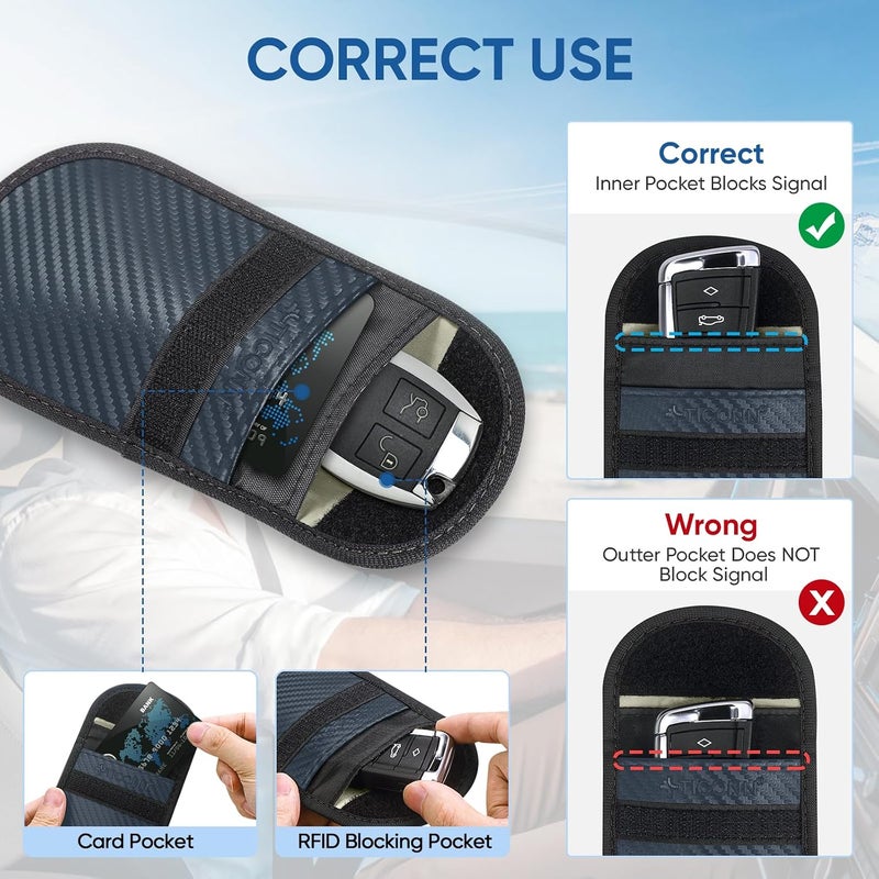 تيكون حقيبة فاراداي 2PK لمفتاح السيارة، 3.5 × 5.0 بوصة حماية قفص فاراداي، حجب إشارات RFID للسيارة، حقيبة مضادة للسرقة وعلبة مضادة للاختراق (كحلي، M) - Image 4