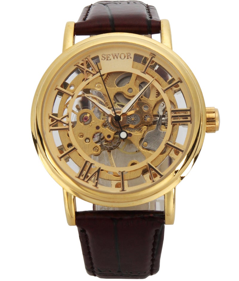 SEWOR Men's Mechanical Skeleton Transparent Vintage Style Leather Wrist Watch (Gold) - Image 1