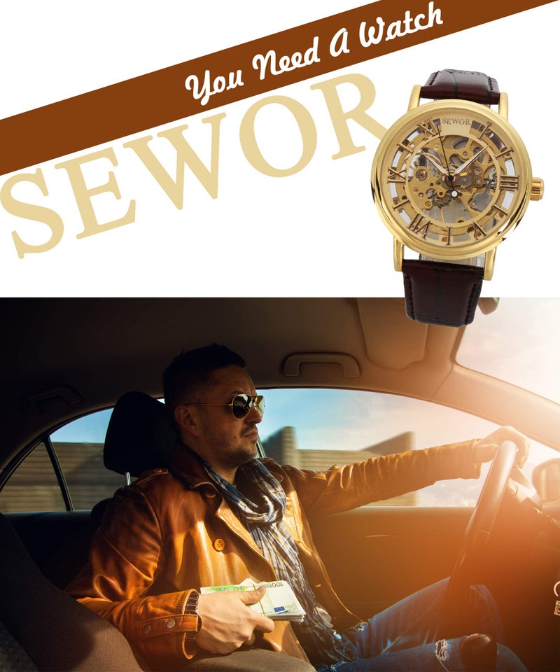 SEWOR Men's Mechanical Skeleton Transparent Vintage Style Leather Wrist Watch (Gold) - Image 2