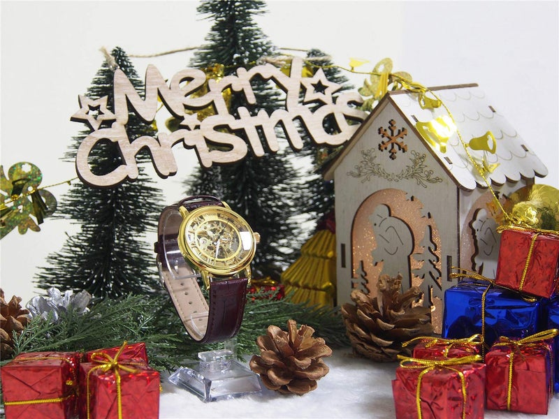 SEWOR Men's Mechanical Skeleton Transparent Vintage Style Leather Wrist Watch (Gold) - Image 3
