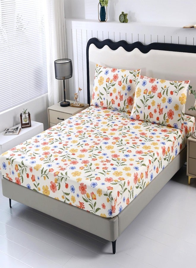 SDIII 3PCS Pink and Yellow Floral Fitted Sheet Set Twin, 1 Fitted Sheet and 2 Pillowcase, Soft Microfiber Twin Floral Sheets Kids Girls Boys and Teens - Image 1
