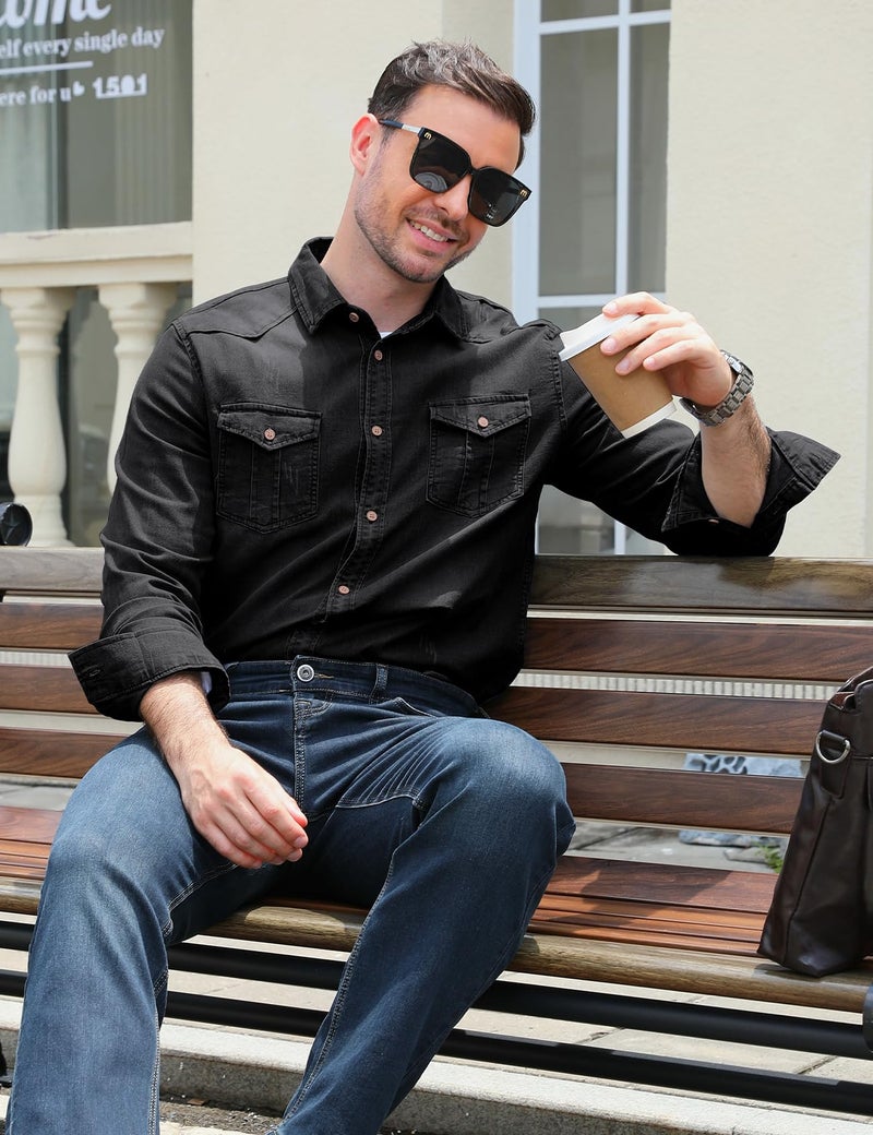 Eisctnd Men's Denim Button Down Shirt Classic Fit Long Sleeve Jean Work Shirts with 2 Pockets(Black-L) - Image 4