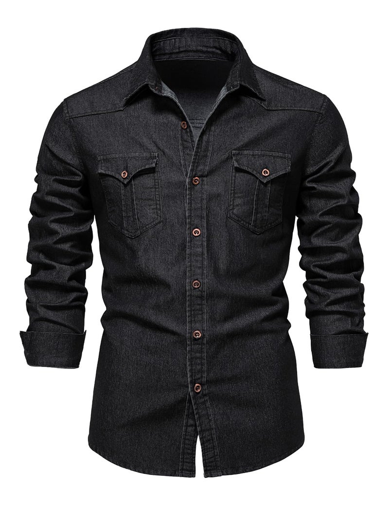 Eisctnd Men's Denim Button Down Shirt Classic Fit Long Sleeve Jean Work Shirts with 2 Pockets(Black-L) - Image 1