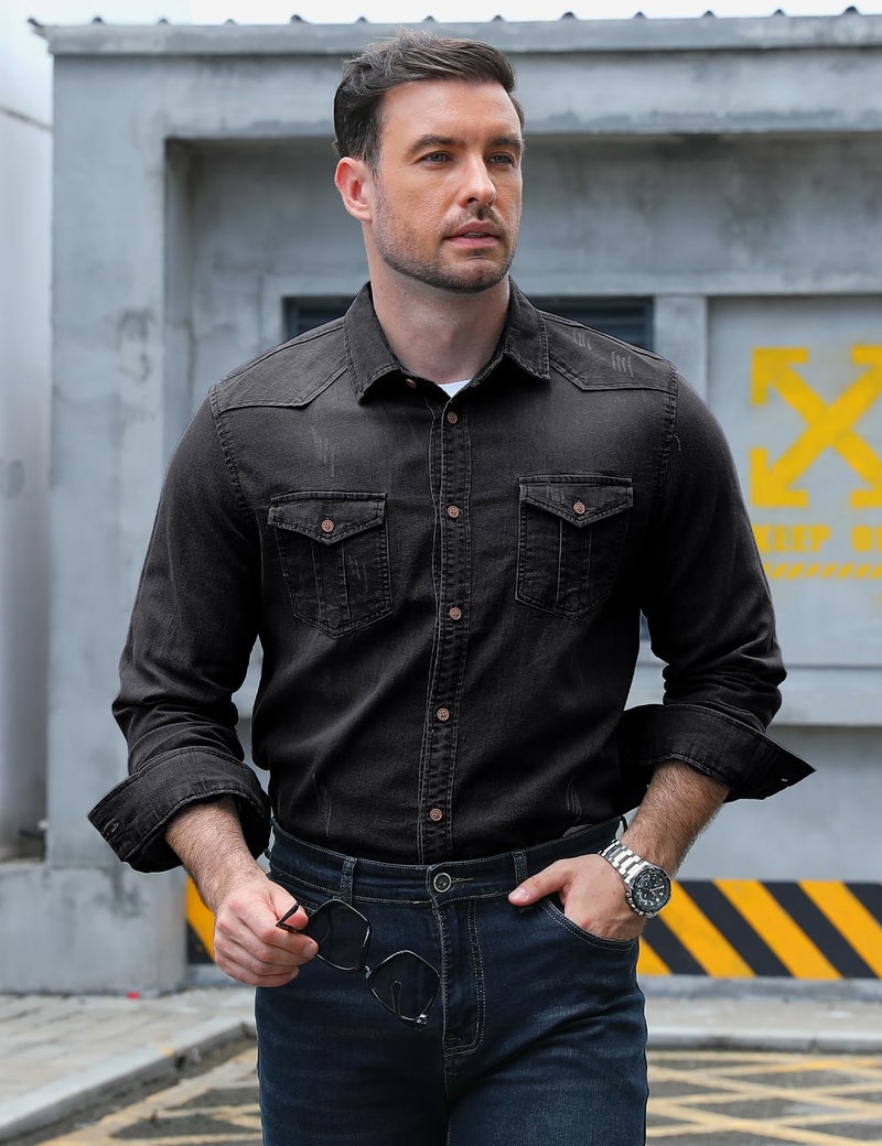 Eisctnd Men's Denim Button Down Shirt Classic Fit Long Sleeve Jean Work Shirts with 2 Pockets(Black-L) - Image 3
