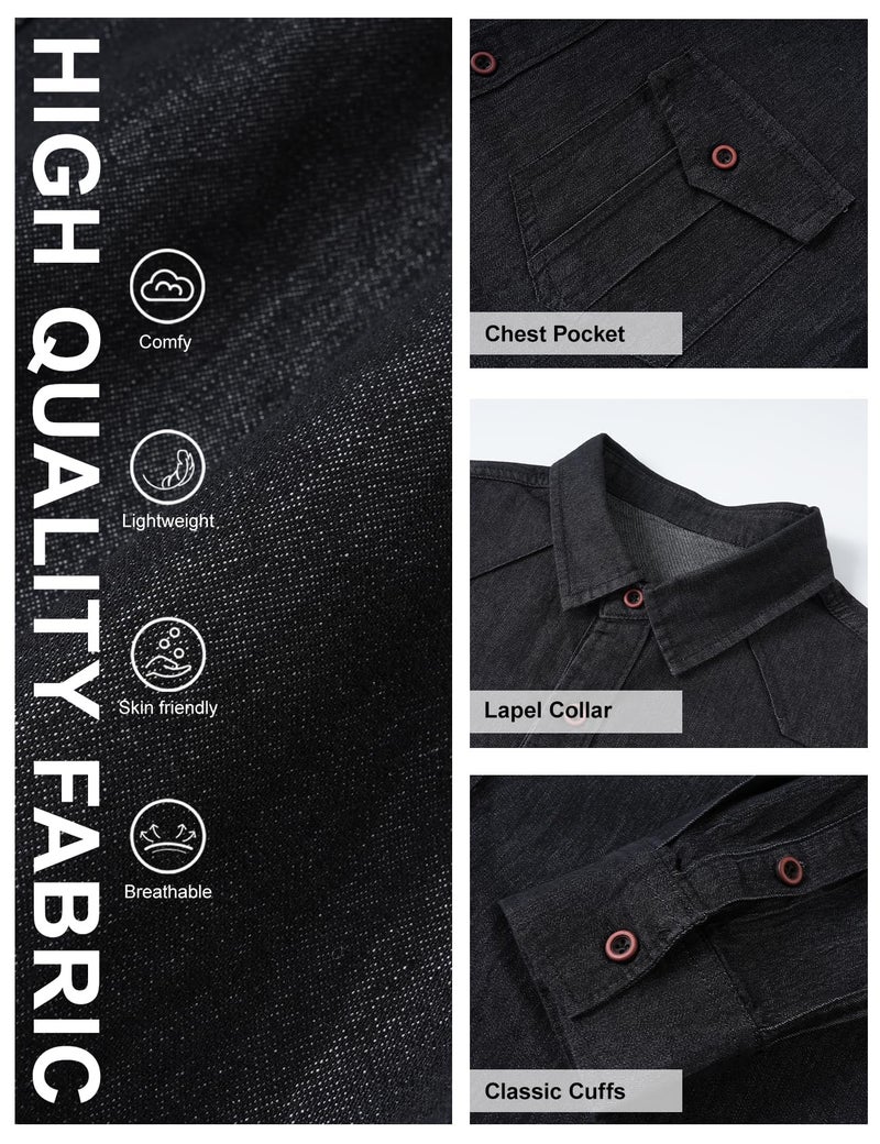 Eisctnd Men's Denim Button Down Shirt Classic Fit Long Sleeve Jean Work Shirts with 2 Pockets(Black-L) - Image 5