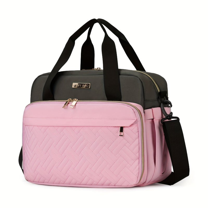 Large Capacity Black And Grey Oxford Diaper Bag With Quilted Design Crossbody - Image 5