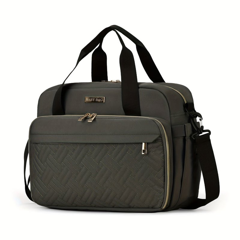 Large Capacity Black And Grey Oxford Diaper Bag With Quilted Design Crossbody - Image 4