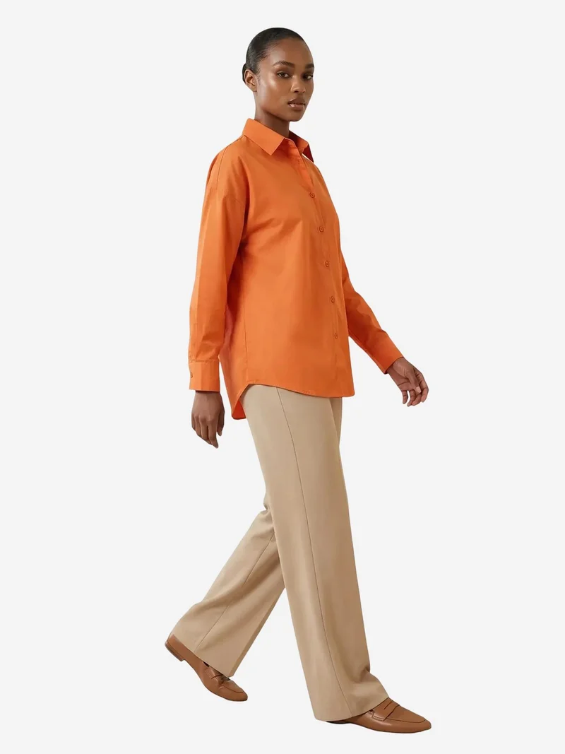 ماي فاشن MY FASHION Oversized Long Sleeve Poplin Shirt with Button Closure