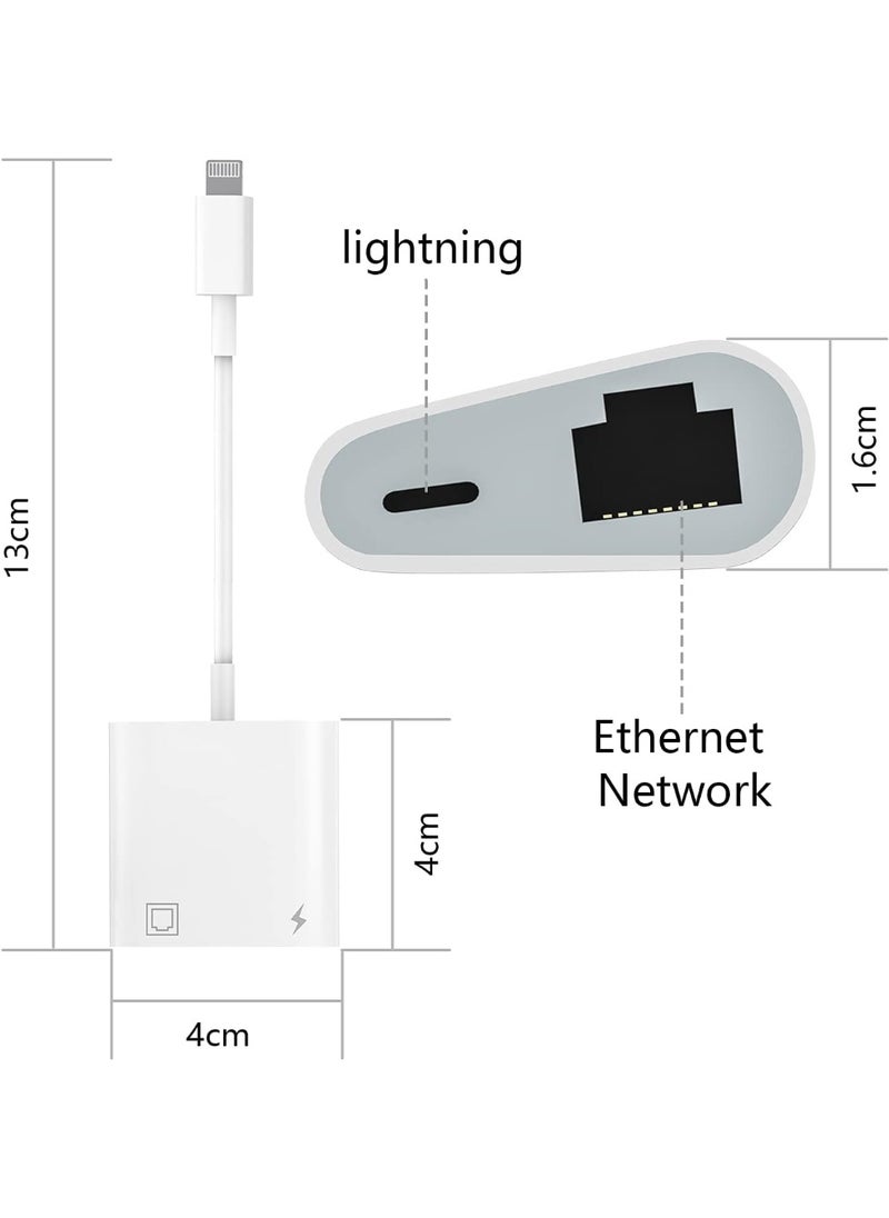 Lightning to Ethernet Adapter – 2-in-1 RJ45 Network Adapter with Charging Port – Plug & Play – Compatible with iPhone/iPad – 100Mbps Support
