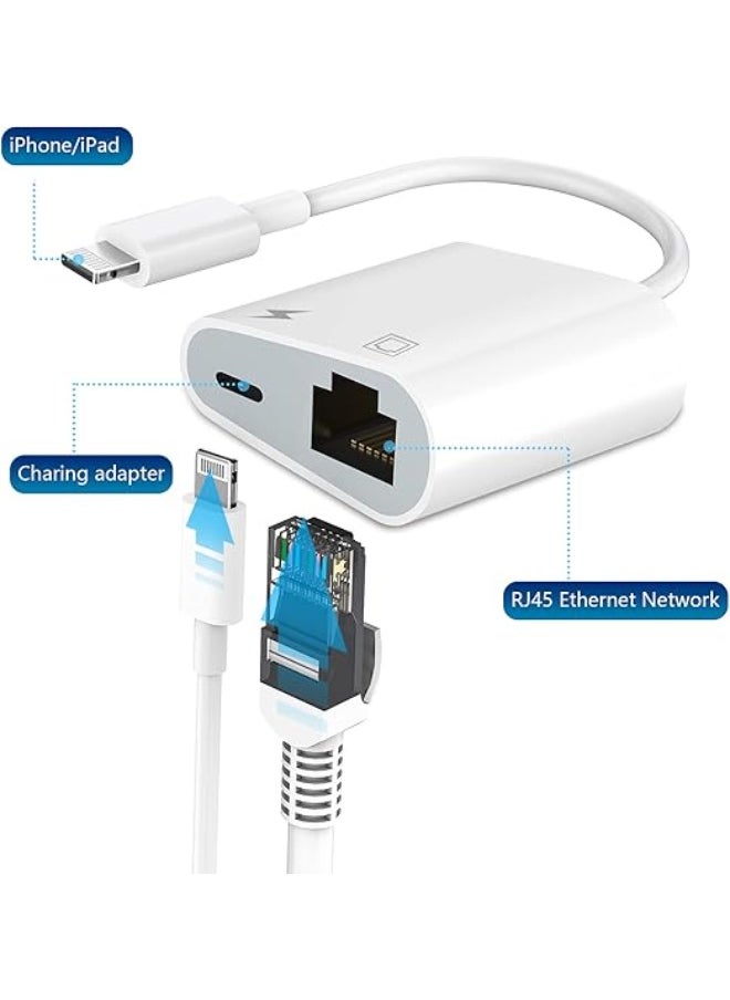 Lightning to Ethernet Adapter – 2-in-1 RJ45 Network Adapter with Charging Port – Plug & Play – Compatible with iPhone/iPad – 100Mbps Support