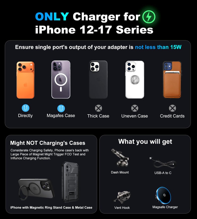 GuMosh for MagSafe Car Mount Charger Dash/Windshield/Vent Wireless Car Charger with [LED Light], Strong Magnetic Phone Holder for Car for iPhone 17 16 15 14 13 12 Series, Fit MagSafe Accessories - Image 2