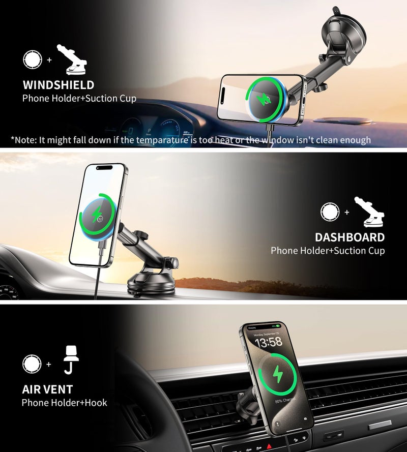 GuMosh for MagSafe Car Mount Charger Dash/Windshield/Vent Wireless Car Charger with [LED Light], Strong Magnetic Phone Holder for Car for iPhone 17 16 15 14 13 12 Series, Fit MagSafe Accessories - Image 3