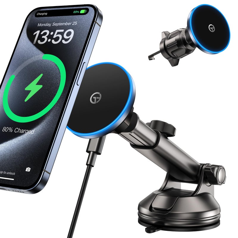 GuMosh for MagSafe Car Mount Charger Dash/Windshield/Vent Wireless Car Charger with [LED Light], Strong Magnetic Phone Holder for Car for iPhone 17 16 15 14 13 12 Series, Fit MagSafe Accessories - Image 1
