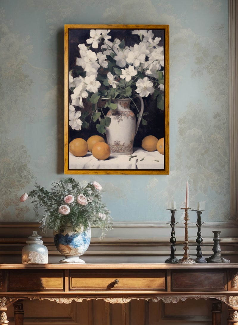 لوحة كانفاس على إطار خشبي بإطار خارجي باللون الخشبي وتصميم مزهرية كلاسيكية - Image 1