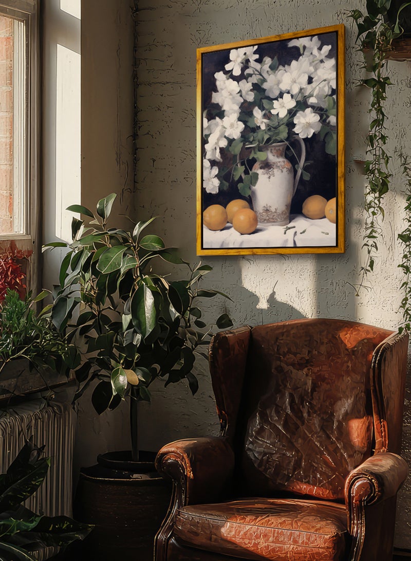 لوحة كانفاس على إطار خشبي بإطار خارجي باللون الخشبي وتصميم مزهرية كلاسيكية - Image 2