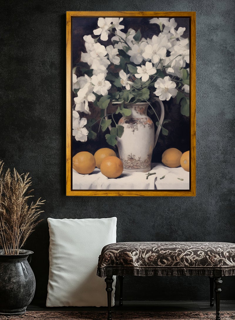 لوحة كانفاس على إطار خشبي بإطار خارجي باللون الخشبي وتصميم مزهرية كلاسيكية - Image 3