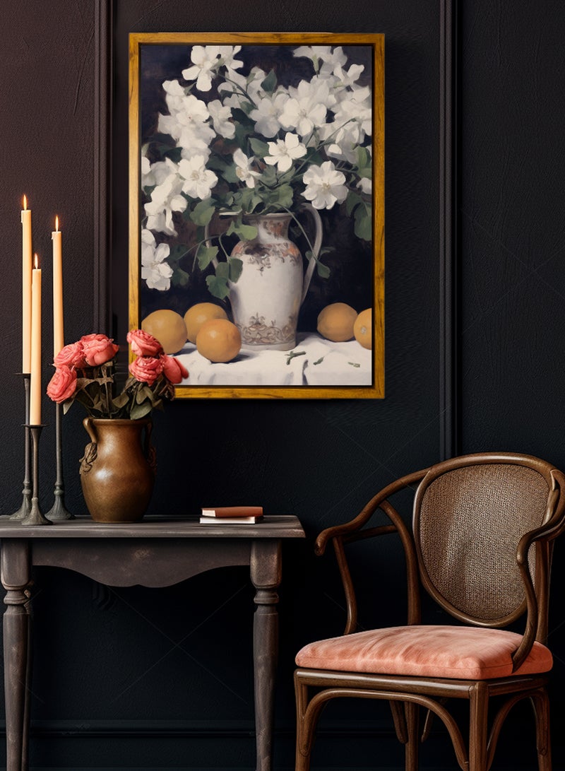 لوحة كانفاس على إطار خشبي بإطار خارجي باللون الخشبي وتصميم مزهرية كلاسيكية - Image 4