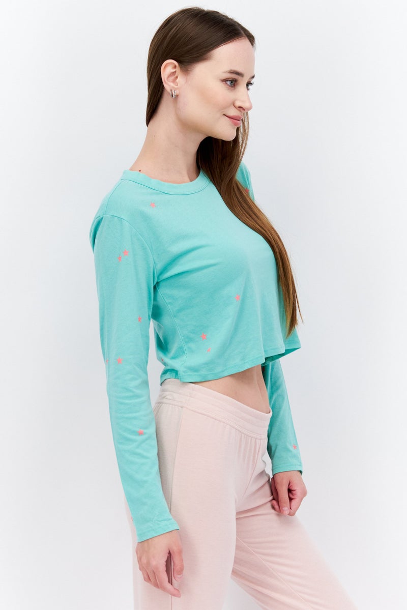 Chaser Women Crew Neck Long Sleeves Allover Print Shirt, Green - Image 3