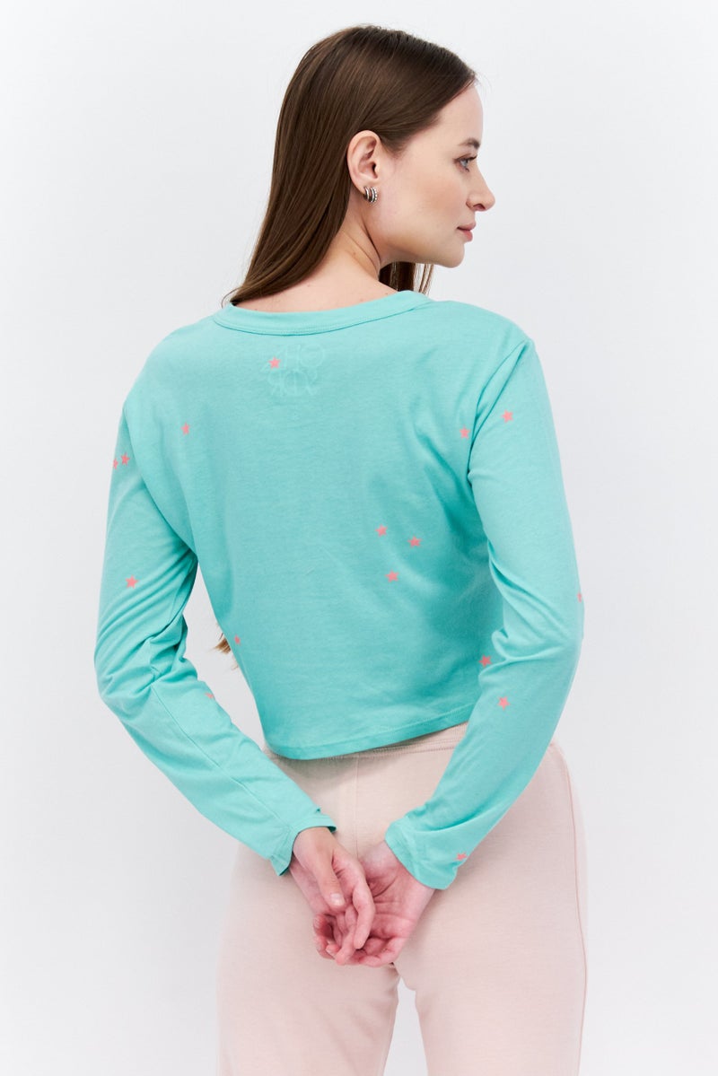 Chaser Women Crew Neck Long Sleeves Allover Print Shirt, Green - Image 2