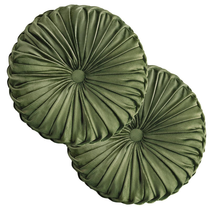 Teieas 2 Pcs Round Throw Pillows Decorative Pumpkin Velvet Boho Pleated Bed Pillows Back Support for Couch Chair Dorm Car 1496 Olive - Image 2